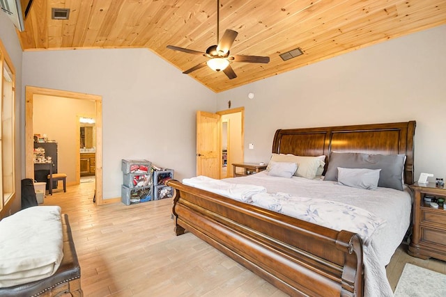 bedroom featuring vaulted ceiling, ceiling fan, light hardwood / wood-style flooring, wooden ceiling, and connected bathroom