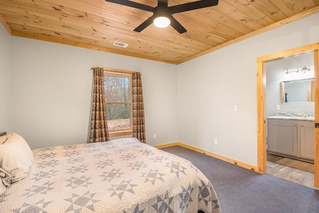 bedroom featuring connected bathroom, ceiling fan, carpet floors, wood ceiling, and ornamental molding