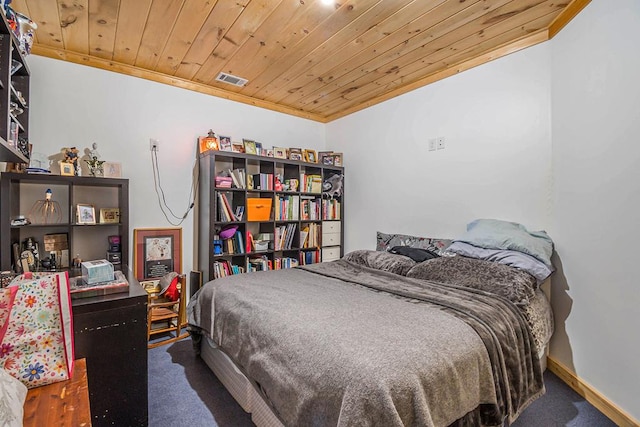 carpeted bedroom with ornamental molding and wooden ceiling