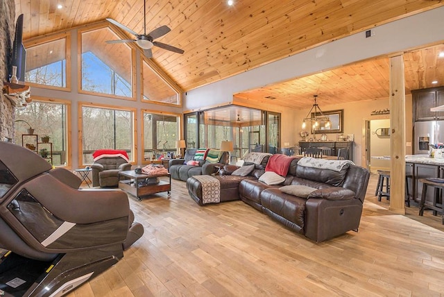 living room with light hardwood / wood-style flooring, high vaulted ceiling, and wooden ceiling