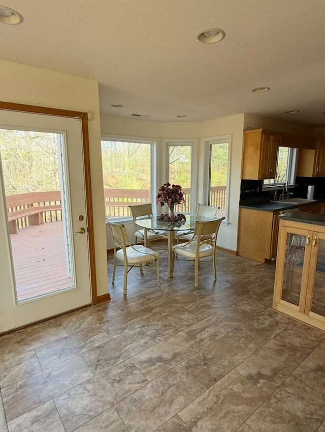 dining space with a textured ceiling, baseboards, and plenty of natural light
