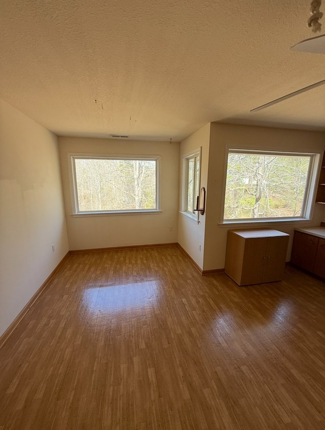 interior space with baseboards, wood finished floors, and a textured ceiling