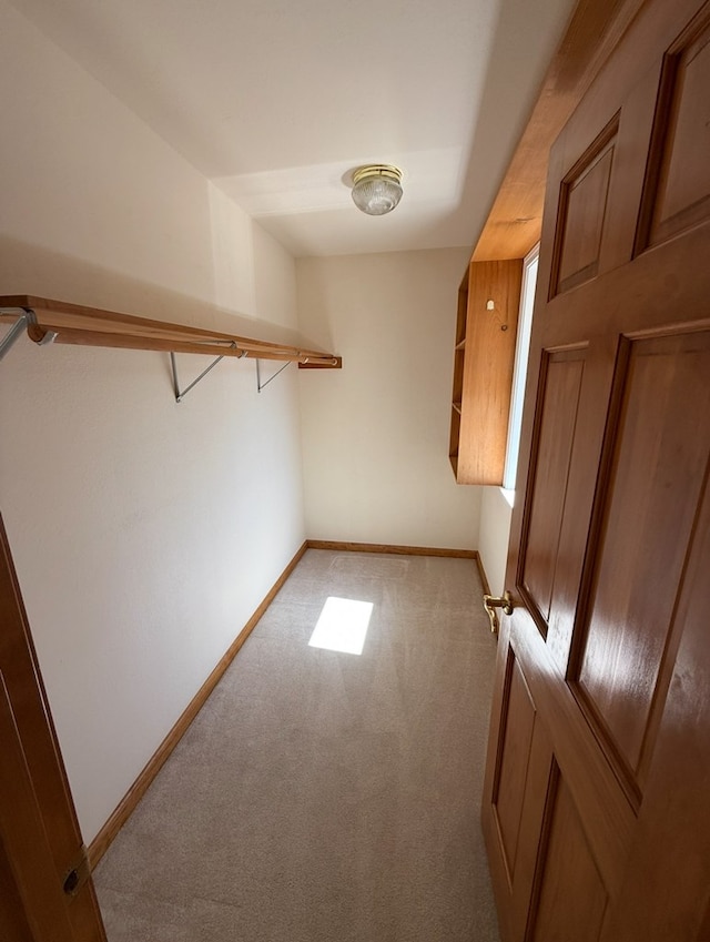 walk in closet featuring light carpet