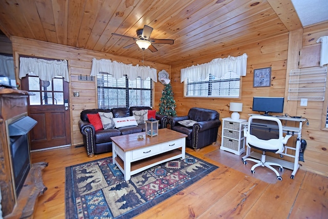 office with wood-type flooring, ceiling fan, wooden walls, and wood ceiling