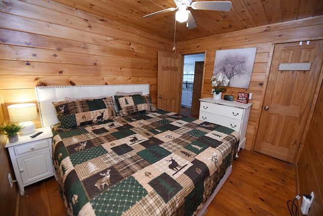 bedroom with dark wood-type flooring, ceiling fan, wood walls, and wood ceiling