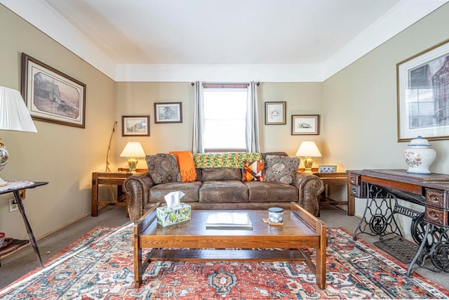 carpeted living room with crown molding