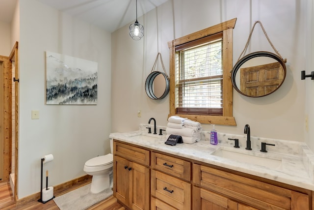 bathroom featuring double vanity, a sink, toilet, and wood finished floors