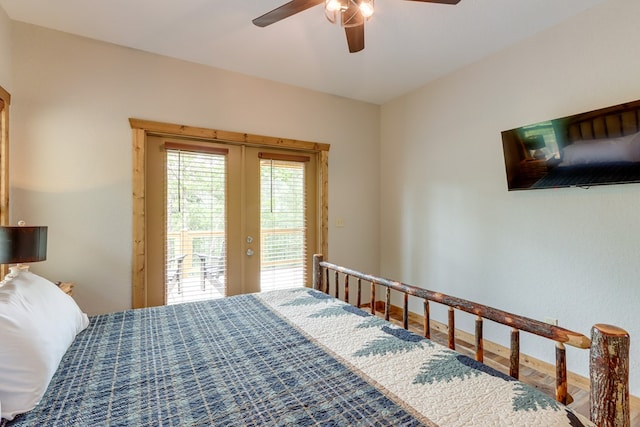 bedroom with access to outside, ceiling fan, and french doors