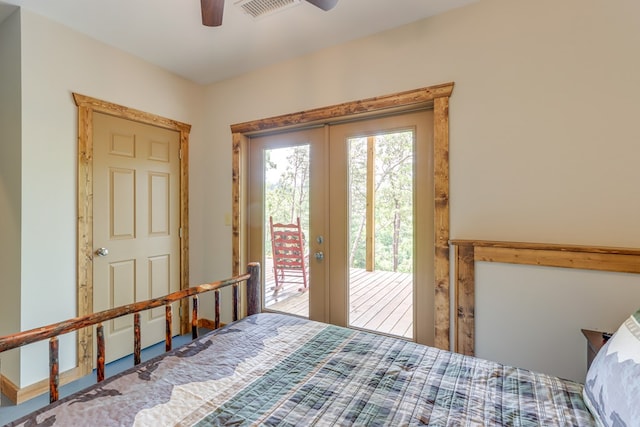 bedroom featuring access to exterior, ceiling fan, visible vents, and french doors