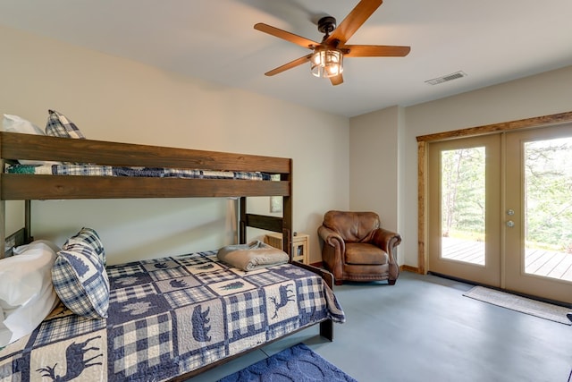 bedroom featuring access to outside, visible vents, ceiling fan, and french doors