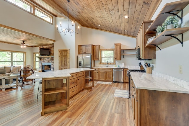 kitchen with wood ceiling, open floor plan, stainless steel appliances, open shelves, and a sink