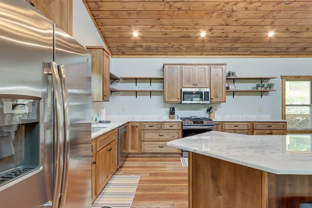 kitchen with wooden ceiling, light wood-style floors, appliances with stainless steel finishes, and open shelves