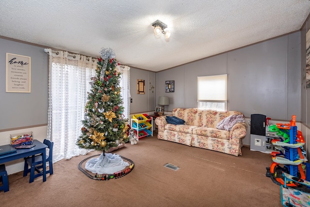 carpeted living room with a textured ceiling and vaulted ceiling