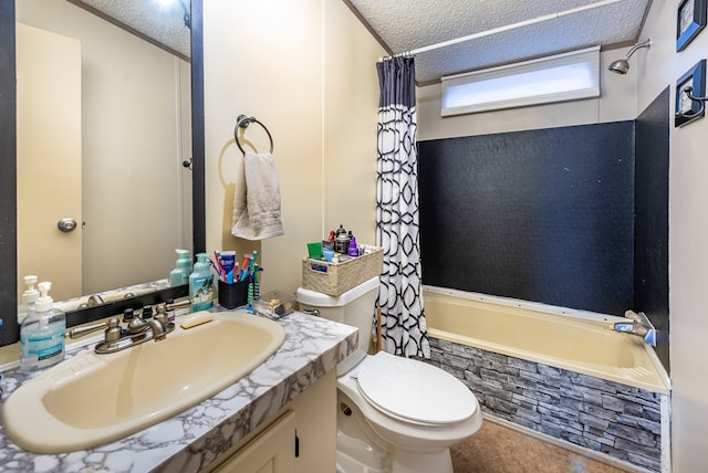 full bathroom with vanity, shower / tub combo, a textured ceiling, and toilet