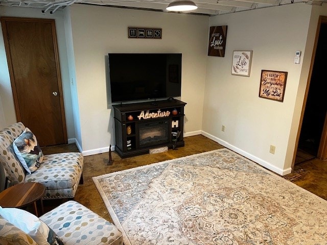 living room with dark carpet