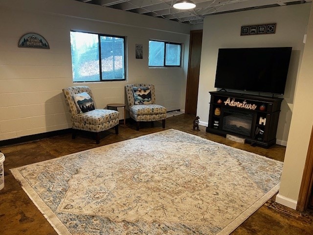 living room featuring a fireplace