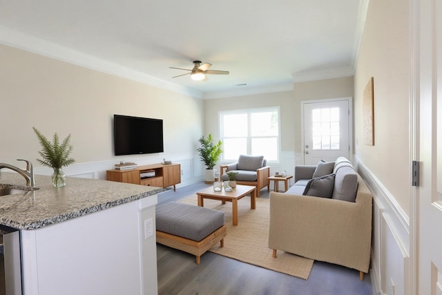 65 Hood Park Ct, Jasper, GA 30143 - living area featuring a decorative wall, ceiling fan, ornamental molding, a wainscoted wall, and wood finished floors
