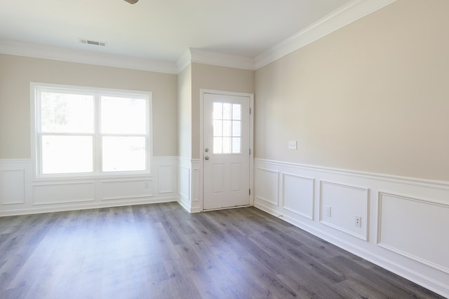65 Hood Park Ct, Jasper, GA 30143 - doorway with a wainscoted wall, a decorative wall, crown molding, and wood finished floors