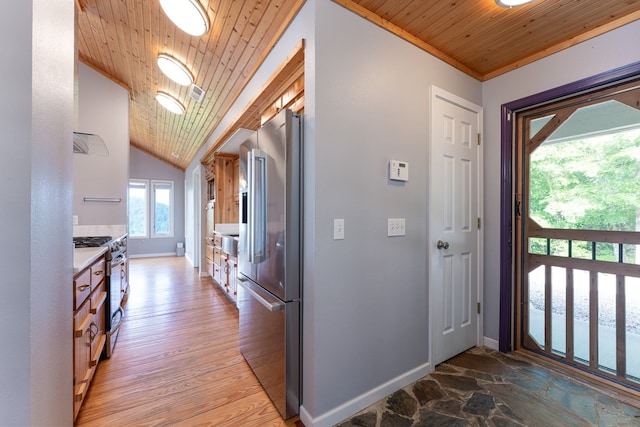 330 Ravens Gap Rd, Murphy, NC 28906 - kitchen with stainless steel appliances, wood ceiling, exhaust hood, light countertops, and lofted ceiling