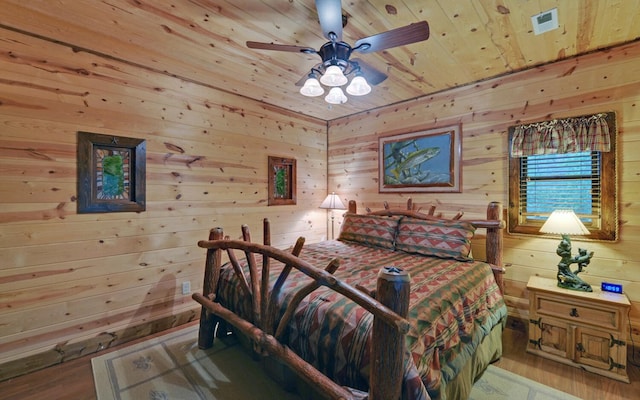 bedroom with wood finished floors, wood walls, and wood ceiling