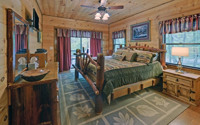 bedroom with wooden walls and wood ceiling