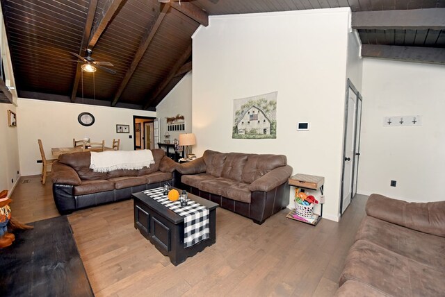 living room with ceiling fan, wood-type flooring, wooden ceiling, and lofted ceiling with beams