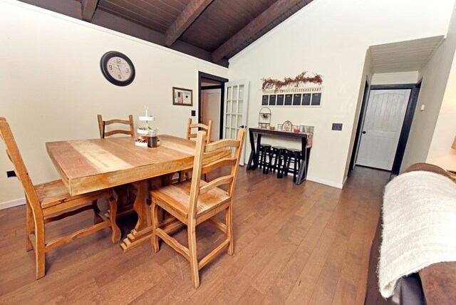 dining space featuring dark wood-type flooring, wood ceiling, and vaulted ceiling with beams