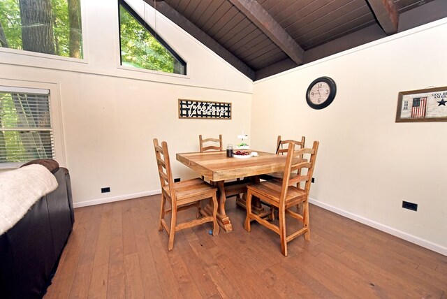 dining area featuring wooden ceiling, high vaulted ceiling, beam ceiling, and dark hardwood / wood-style floors