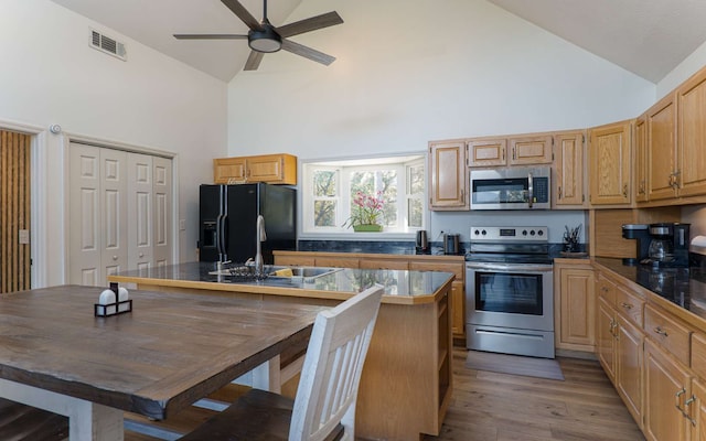 kitchen with a center island with sink, sink, stainless steel appliances, and high vaulted ceiling