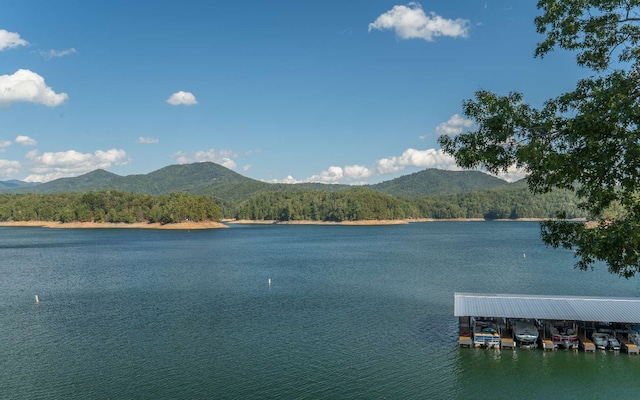 view of water feature featuring a mountain view and a dock