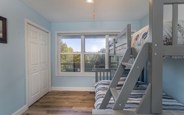 bedroom featuring wood-type flooring and a closet