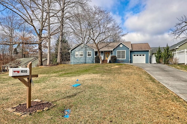 single story home with a garage and a front yard