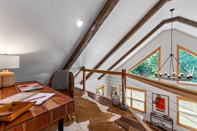 home office with a notable chandelier, lofted ceiling with beams, and wood-type flooring