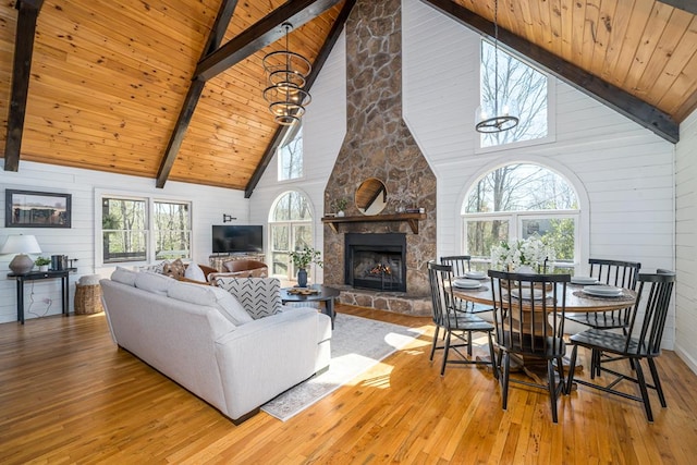 living area featuring beam ceiling, a fireplace, wood ceiling, and hardwood / wood-style floors