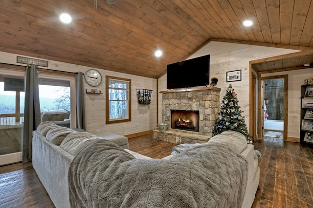 living room with wood walls, dark wood-type flooring, wooden ceiling, and lofted ceiling