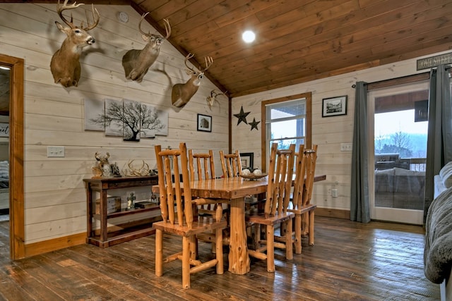 dining space featuring dark hardwood / wood-style floors, wooden ceiling, wooden walls, and vaulted ceiling