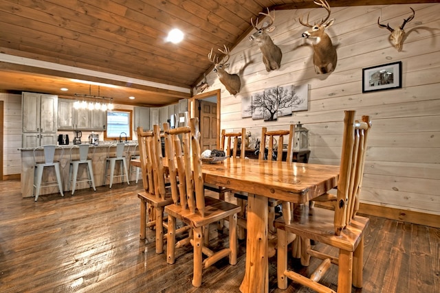 dining area with wood walls, wood ceiling, dark wood-type flooring, and vaulted ceiling