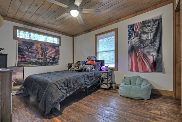 bedroom with ceiling fan, wood ceiling, and dark wood-type flooring