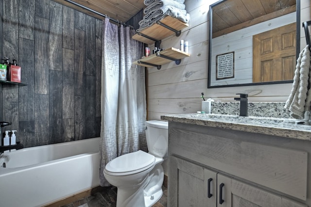 full bathroom with shower / bath combination with curtain, vanity, wooden walls, wooden ceiling, and toilet