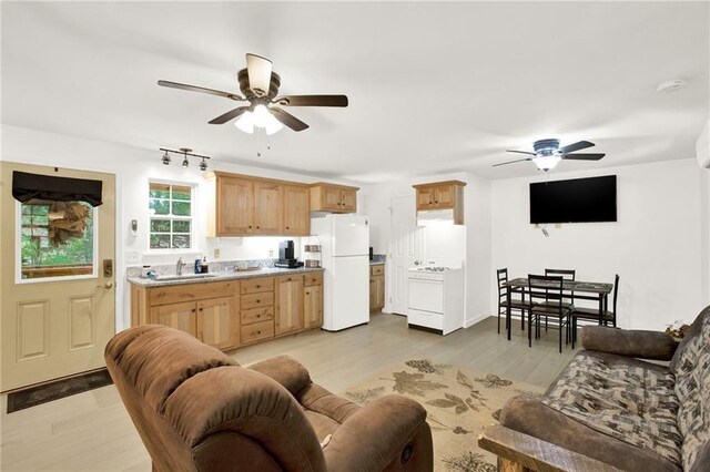 interior space with light hardwood / wood-style flooring, ceiling fan, and white appliances