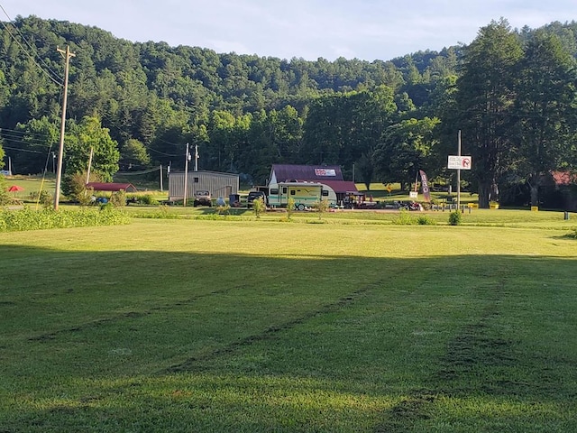 view of community featuring a lawn and a wooded view