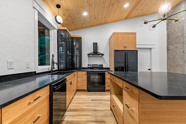 kitchen with pendant lighting, wall chimney range hood, wooden ceiling, and black appliances