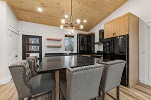 kitchen with wood ceiling, light hardwood / wood-style floors, decorative light fixtures, a chandelier, and light brown cabinets