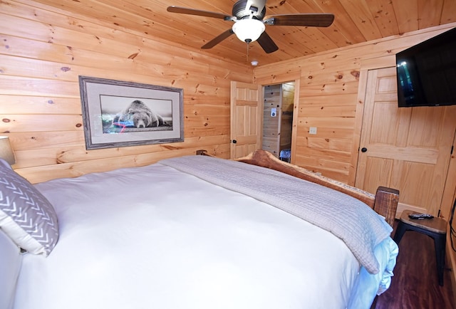 73 Rosiey Ln, Blue Ridge, GA 30513 - bedroom featuring wood walls, wood ceiling, and ceiling fan