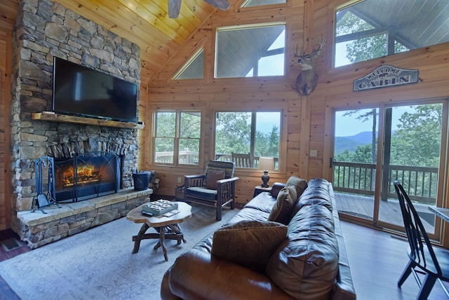 73 Rosiey Ln, Blue Ridge, GA 30513 - living room with high vaulted ceiling, wooden walls, wooden ceiling, a fireplace, and wood finished floors