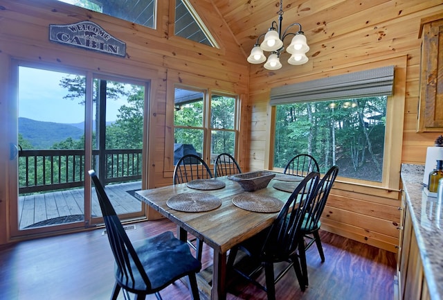 73 Rosiey Ln, Blue Ridge, GA 30513 - dining room featuring wooden walls, a chandelier, vaulted ceiling, dark wood-style floors, and a mountain view