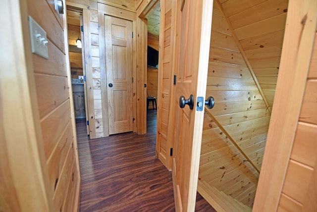 73 Rosiey Ln, Blue Ridge, GA 30513 - corridor with wooden walls, dark wood-type flooring, and wooden ceiling