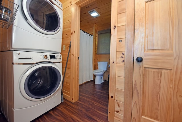 73 Rosiey Ln, Blue Ridge, GA 30513 - laundry room featuring stacked washer / drying machine, dark wood-style flooring, and wood ceiling