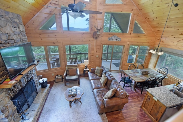 73 Rosiey Ln, Blue Ridge, GA 30513 - living room with a fireplace, wood finished floors, wood walls, healthy amount of natural light, and wood ceiling