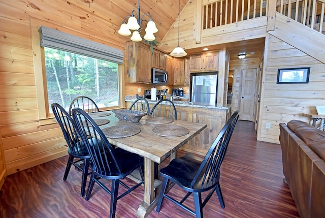 73 Rosiey Ln, Blue Ridge, GA 30513 - dining area featuring wood walls, a chandelier, dark wood-style flooring, and high vaulted ceiling